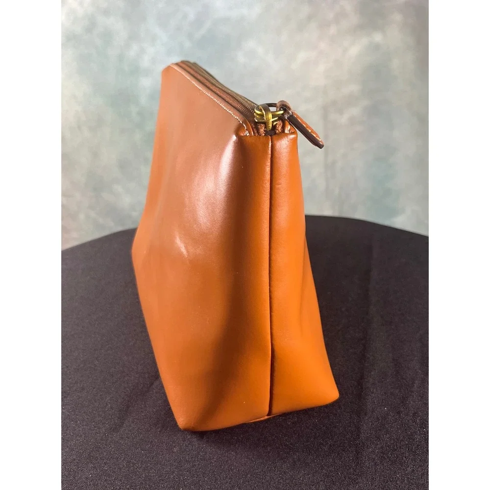 Staud Shirley Tan Leather Toiletry Pouch Zip‎ Top Gold Tone Hardware
